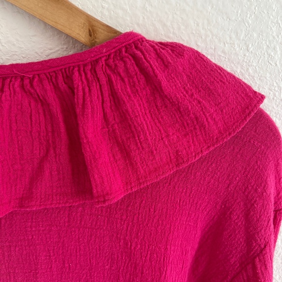 VINTAGE blouse / pink gauze cotton ruffle v neck long sleeve top / size S - Picture 5 of 6